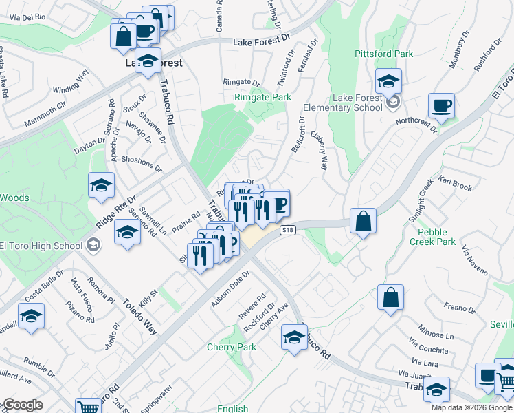 map of restaurants, bars, coffee shops, grocery stores, and more near 22288 Redwood Pointe in Lake Forest
