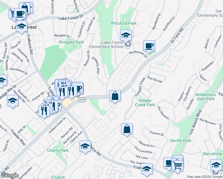 map of restaurants, bars, coffee shops, grocery stores, and more near 22291 Newbridge Drive in Lake Forest