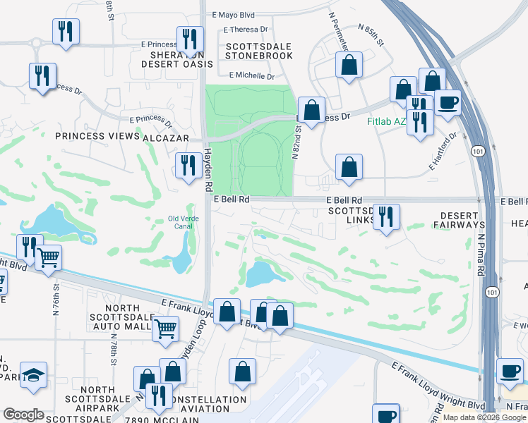 map of restaurants, bars, coffee shops, grocery stores, and more near 8243 East Bell Road in Scottsdale