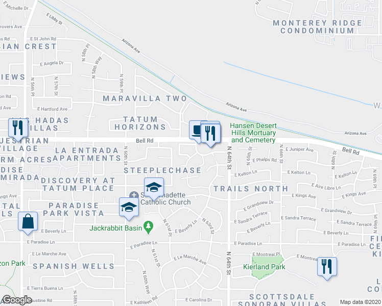 map of restaurants, bars, coffee shops, grocery stores, and more near 6217 East Phelps Road in Scottsdale