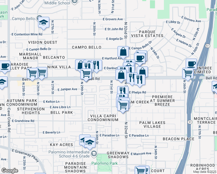 map of restaurants, bars, coffee shops, grocery stores, and more near 16802 North 31st Street in Phoenix