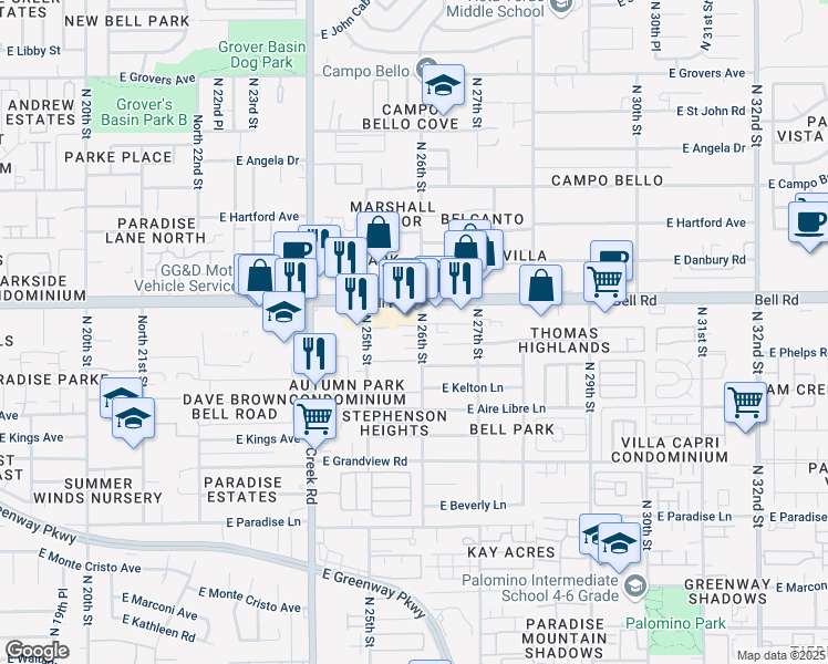 map of restaurants, bars, coffee shops, grocery stores, and more near 16629 North 25th Street in Phoenix