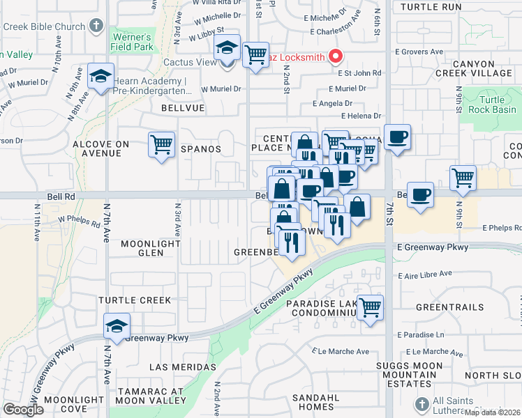 map of restaurants, bars, coffee shops, grocery stores, and more near 16808 North Canterbury Drive in Phoenix