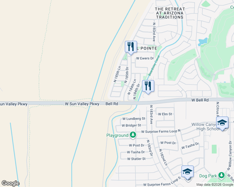 map of restaurants, bars, coffee shops, grocery stores, and more near 18537 West Legend Drive in Surprise