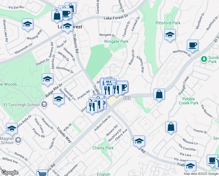 map of restaurants, bars, coffee shops, grocery stores, and more near 22373 El Toro Road in Lake Forest