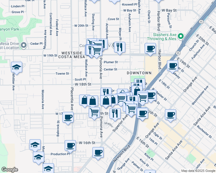 map of restaurants, bars, coffee shops, grocery stores, and more near 686 Park Drive in Costa Mesa