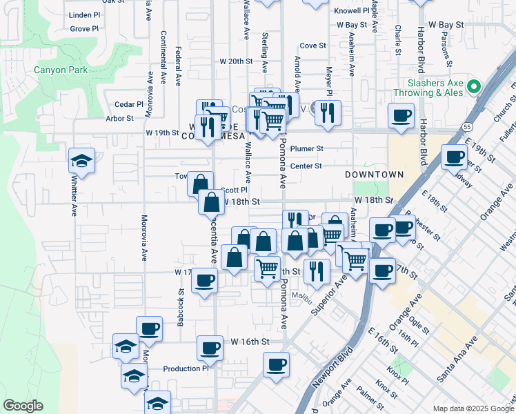 map of restaurants, bars, coffee shops, grocery stores, and more near 721 James Street in Costa Mesa