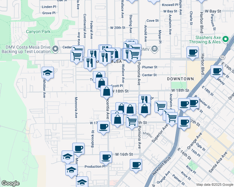 map of restaurants, bars, coffee shops, grocery stores, and more near 755 West 18th Street in Costa Mesa