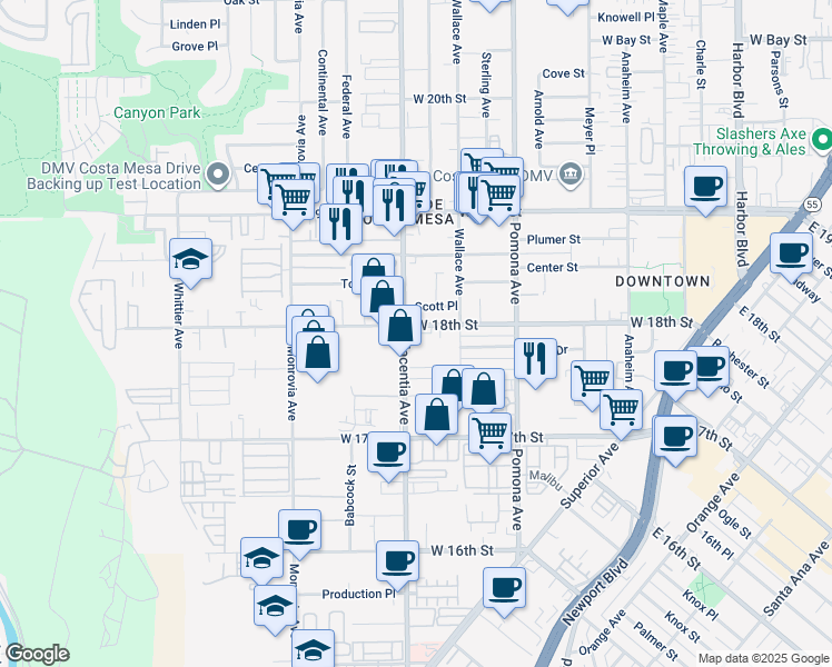 map of restaurants, bars, coffee shops, grocery stores, and more near 1780 Placentia Avenue in Costa Mesa