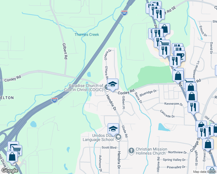 map of restaurants, bars, coffee shops, grocery stores, and more near 4234 Hendrix Drive in Forest Park