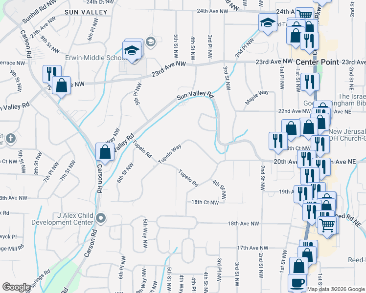 map of restaurants, bars, coffee shops, grocery stores, and more near 453 Tupelo Way in Center Point