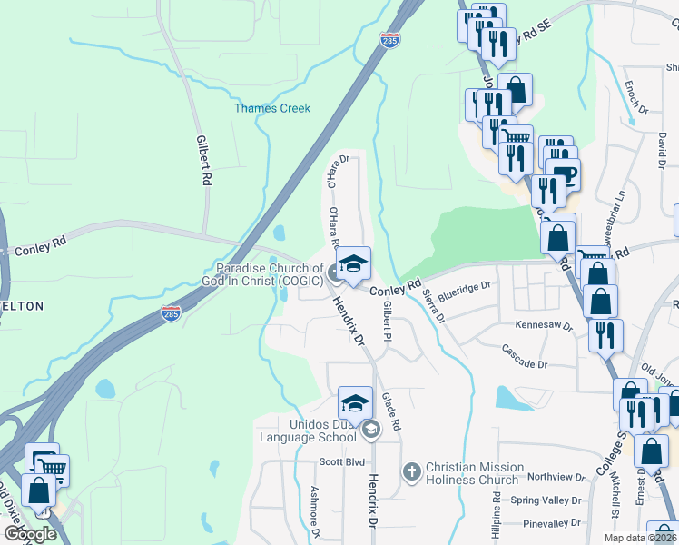 map of restaurants, bars, coffee shops, grocery stores, and more near 4234 Hendrix Drive in Forest Park
