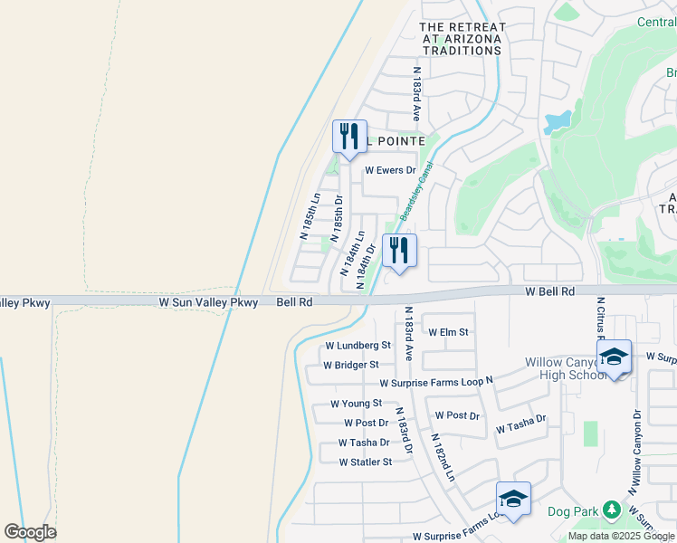map of restaurants, bars, coffee shops, grocery stores, and more near 17022 North 184th Lane in Surprise
