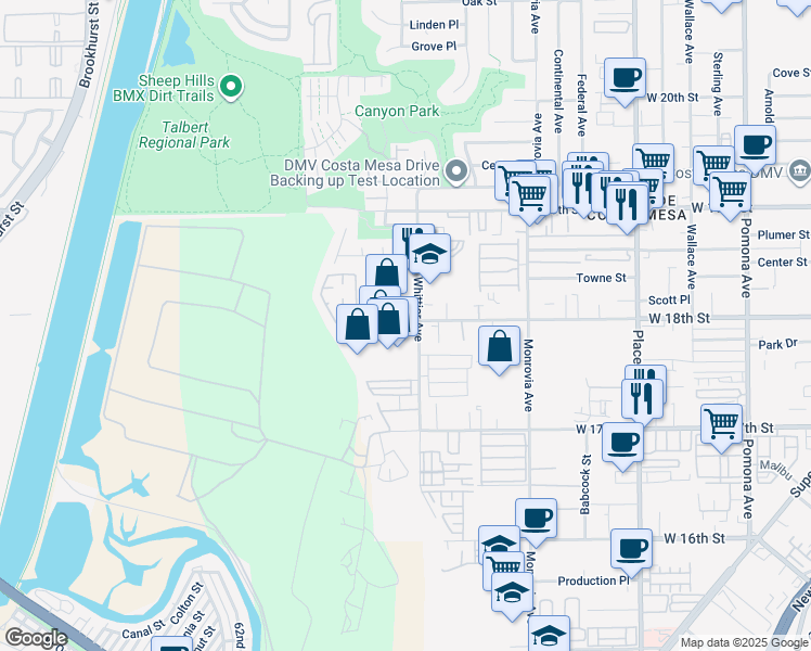 map of restaurants, bars, coffee shops, grocery stores, and more near 1780 Whittier Avenue in Costa Mesa
