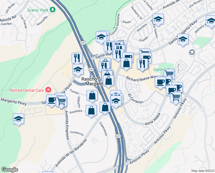 map of restaurants, bars, coffee shops, grocery stores, and more near 30511 Avenida de Las Flores in Rancho Santa Margarita