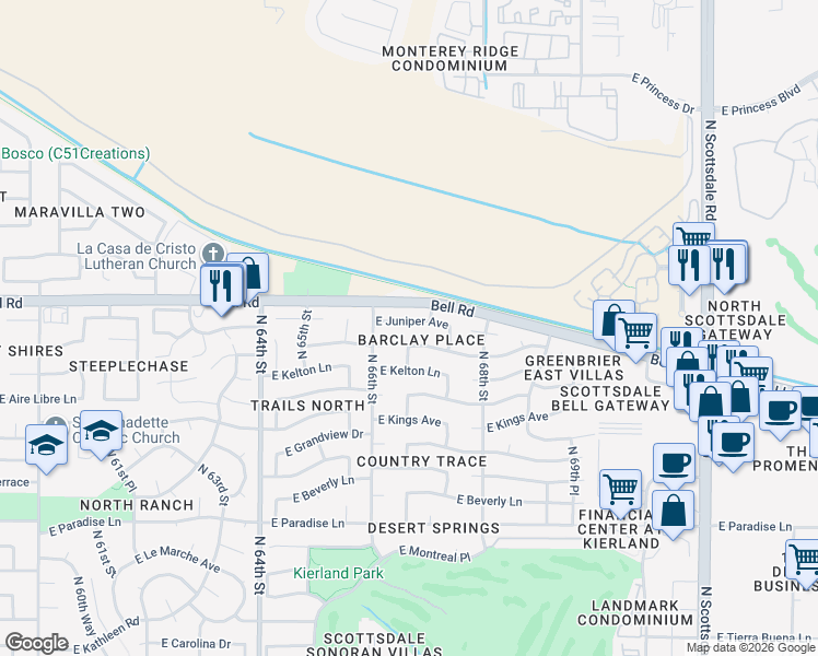 map of restaurants, bars, coffee shops, grocery stores, and more near 16636 North 67th Street in Scottsdale
