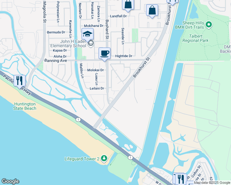 map of restaurants, bars, coffee shops, grocery stores, and more near 9552 Castine Drive in Huntington Beach