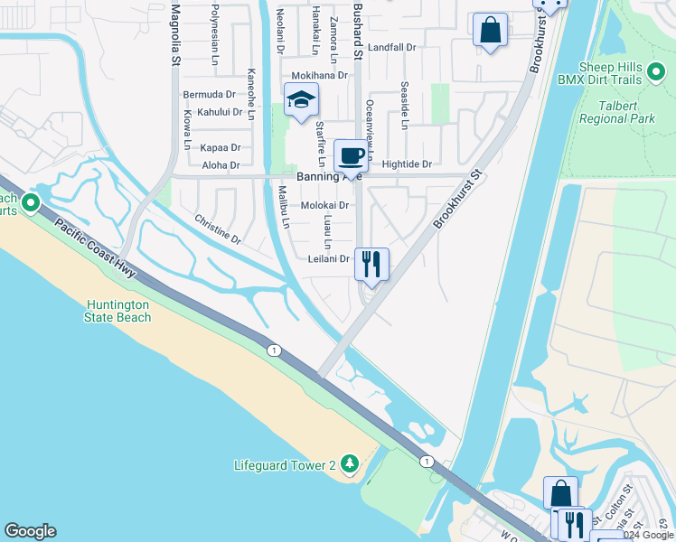 map of restaurants, bars, coffee shops, grocery stores, and more near 9421 Gateshead Drive in Huntington Beach