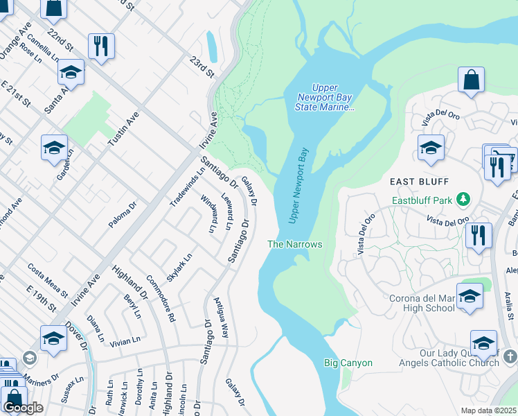 map of restaurants, bars, coffee shops, grocery stores, and more near 1936 Galaxy Drive in Newport Beach