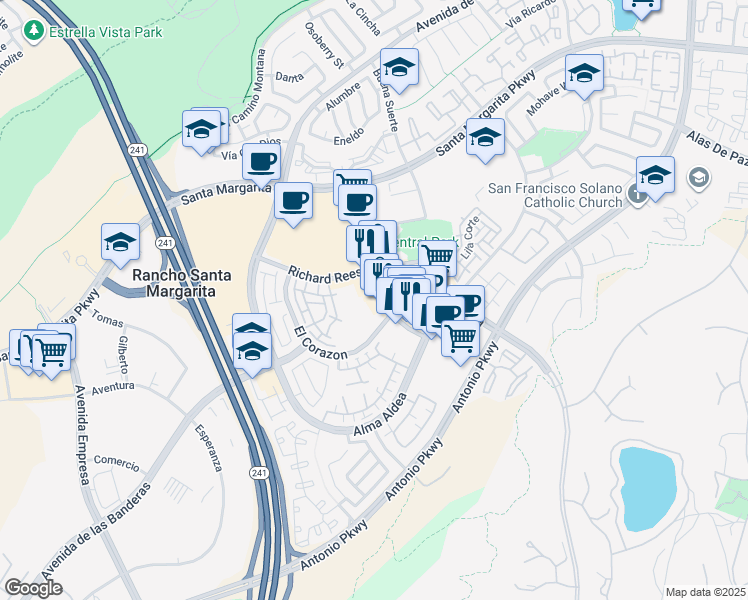 map of restaurants, bars, coffee shops, grocery stores, and more near 22235 El Paseo in Rancho Santa Margarita