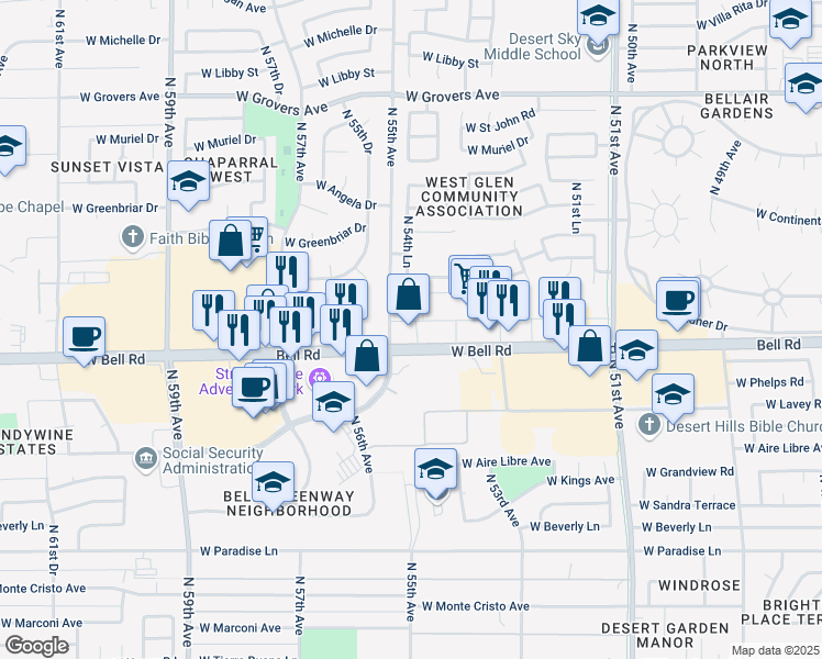 map of restaurants, bars, coffee shops, grocery stores, and more near 5490 W Bell Rd in Glendale
