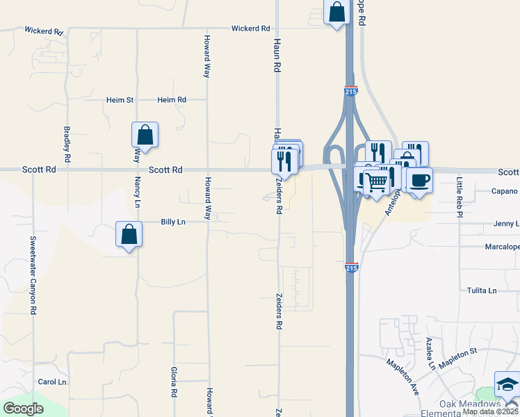map of restaurants, bars, coffee shops, grocery stores, and more near 33255 Zeiders Road in Menifee