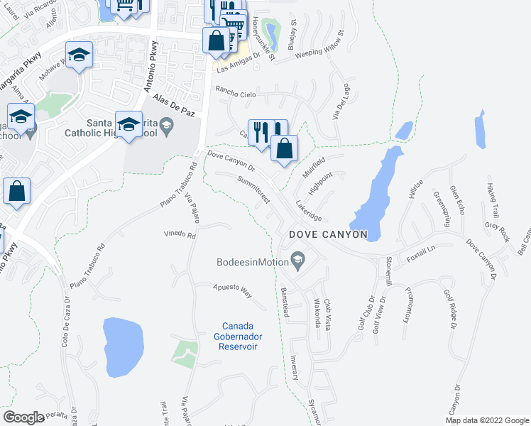 map of restaurants, bars, coffee shops, grocery stores, and more near 5 Saint Elias in Rancho Santa Margarita