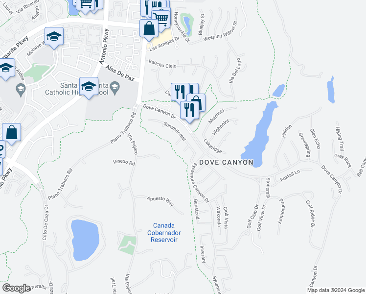 map of restaurants, bars, coffee shops, grocery stores, and more near 5 Saint Elias in Rancho Santa Margarita