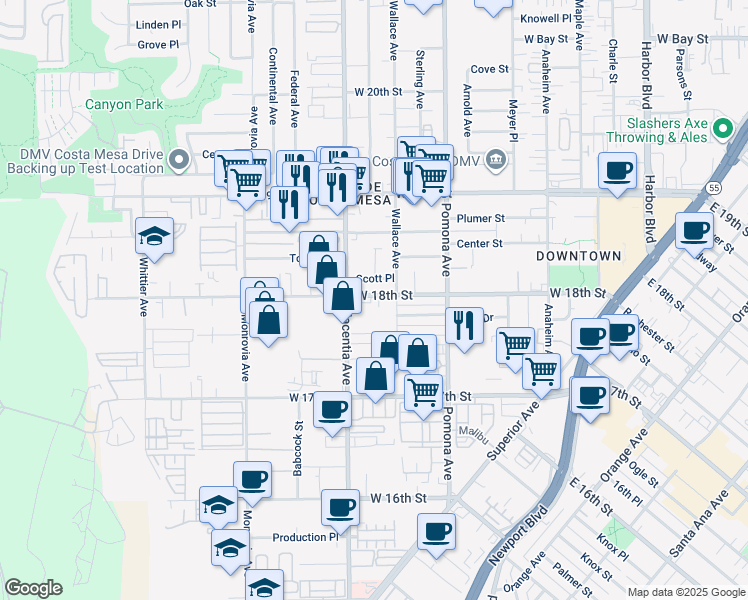 map of restaurants, bars, coffee shops, grocery stores, and more near 777 West 18th Street in Costa Mesa