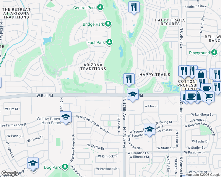 map of restaurants, bars, coffee shops, grocery stores, and more near Lariat in Surprise