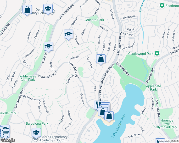 map of restaurants, bars, coffee shops, grocery stores, and more near 22261 Sisante in Mission Viejo