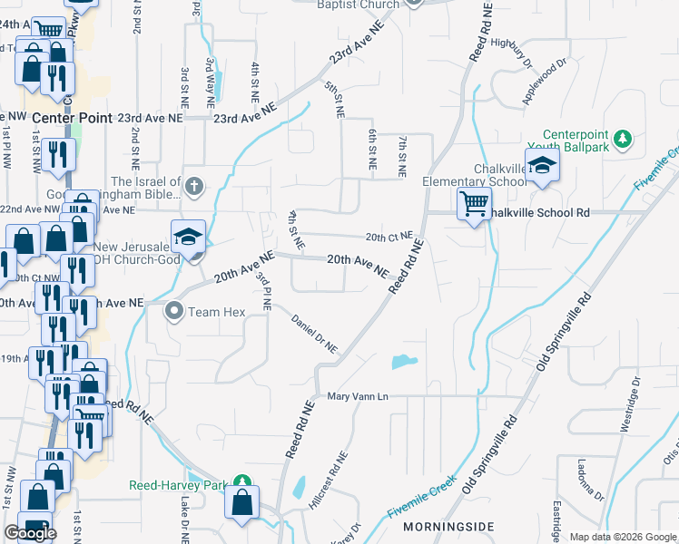 map of restaurants, bars, coffee shops, grocery stores, and more near 1936 5th Street Northeast in Center Point
