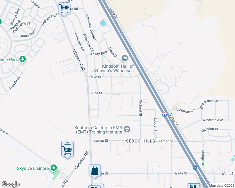 map of restaurants, bars, coffee shops, grocery stores, and more near Vine Street in Wildomar