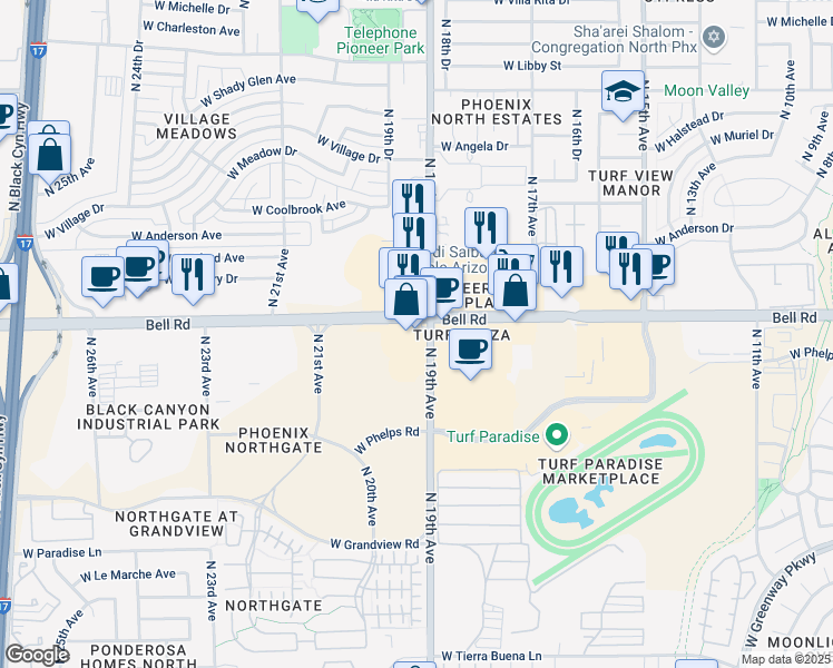 map of restaurants, bars, coffee shops, grocery stores, and more near 1901 West Bell Road in Phoenix