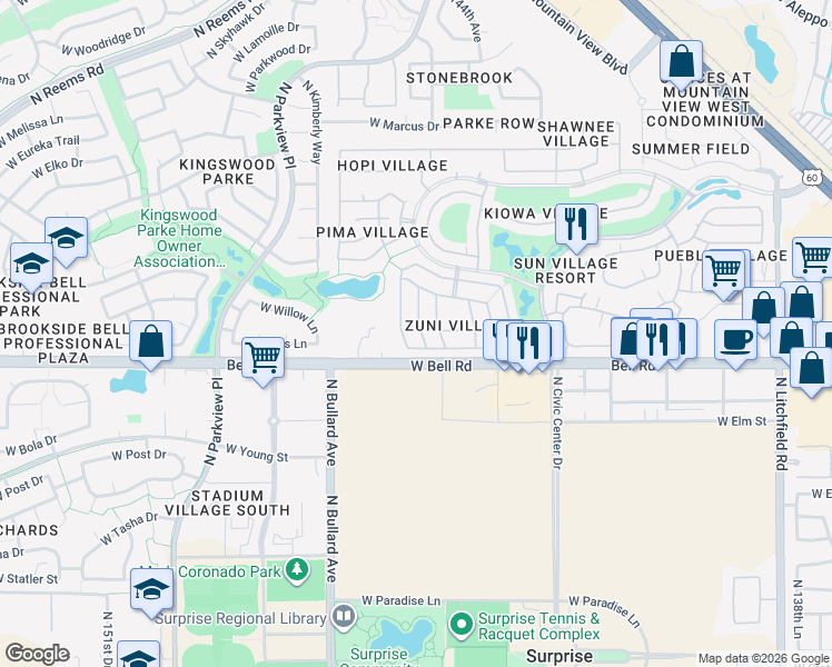map of restaurants, bars, coffee shops, grocery stores, and more near 17038 North Winding Trail in Surprise
