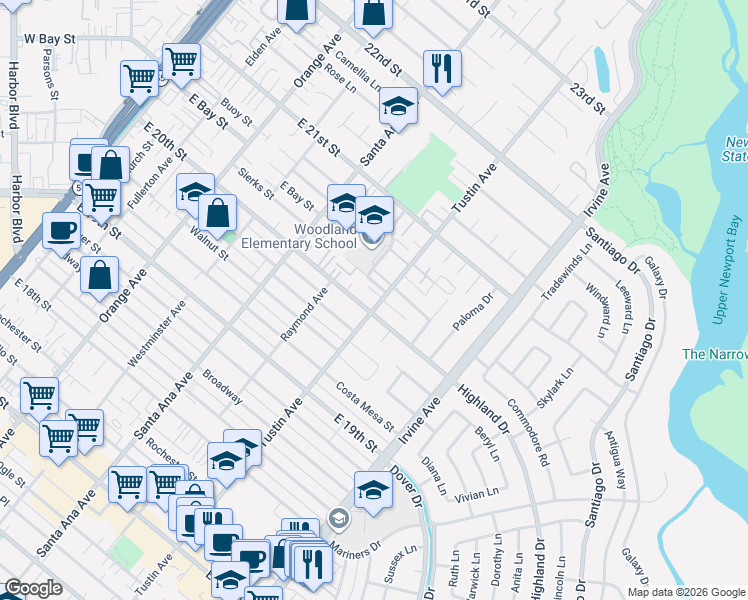 map of restaurants, bars, coffee shops, grocery stores, and more near 410 East 20th Street in Costa Mesa