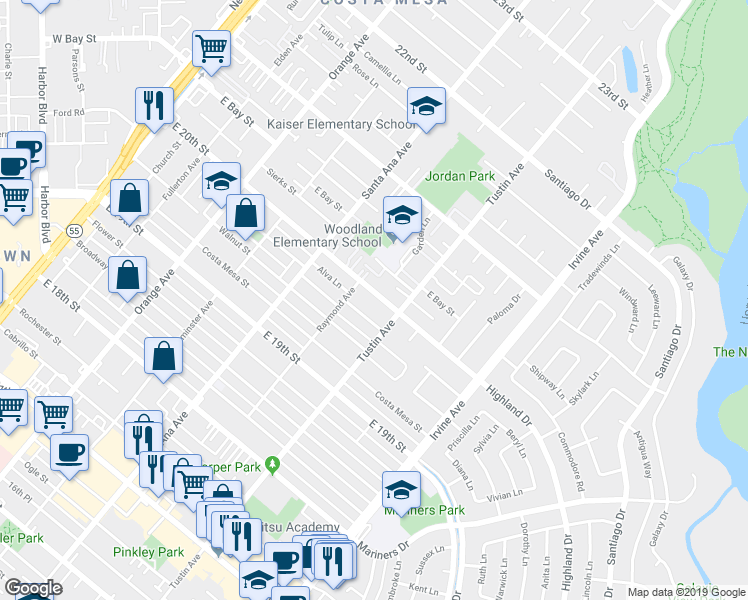map of restaurants, bars, coffee shops, grocery stores, and more near 382 Esther Street in Costa Mesa
