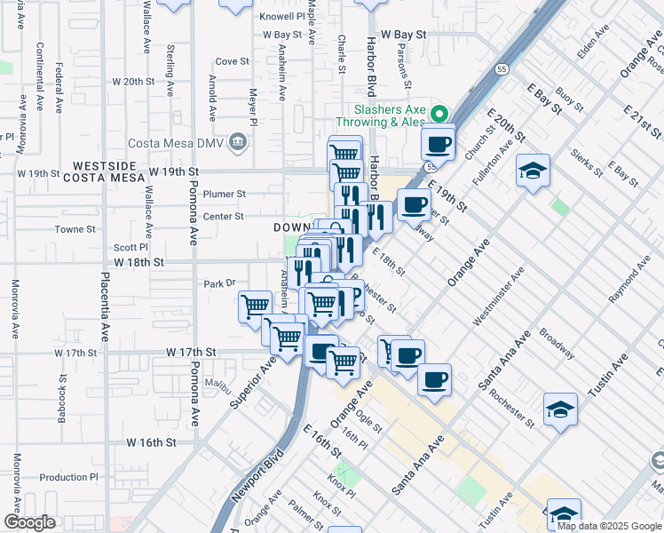 map of restaurants, bars, coffee shops, grocery stores, and more near 1785 Superior Avenue in Costa Mesa