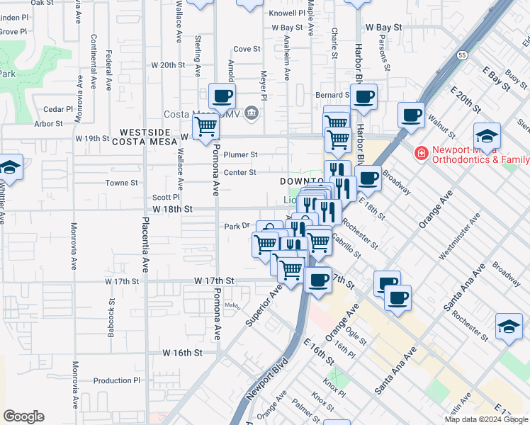 map of restaurants, bars, coffee shops, grocery stores, and more near 1778 Kenwood Place in Costa Mesa