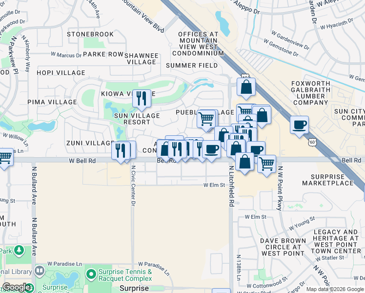 map of restaurants, bars, coffee shops, grocery stores, and more near Bell Road in Surprise