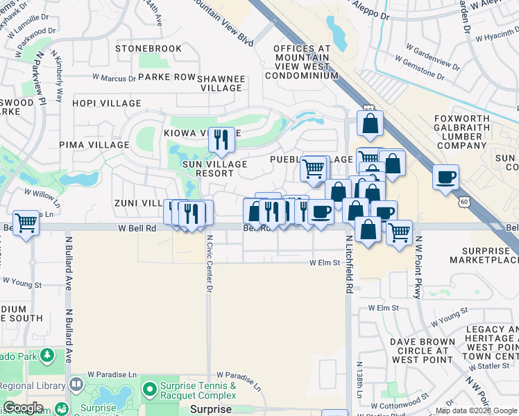 map of restaurants, bars, coffee shops, grocery stores, and more near 14300 West Bell Road in Surprise