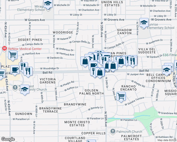 map of restaurants, bars, coffee shops, grocery stores, and more near 3621 West Juniper Avenue in Phoenix