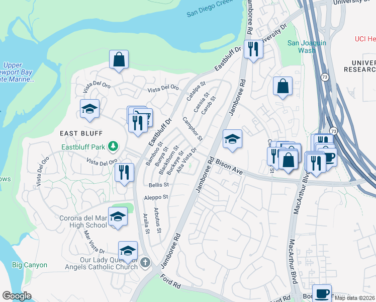 map of restaurants, bars, coffee shops, grocery stores, and more near 2641 Alta Vista Drive in Newport Beach