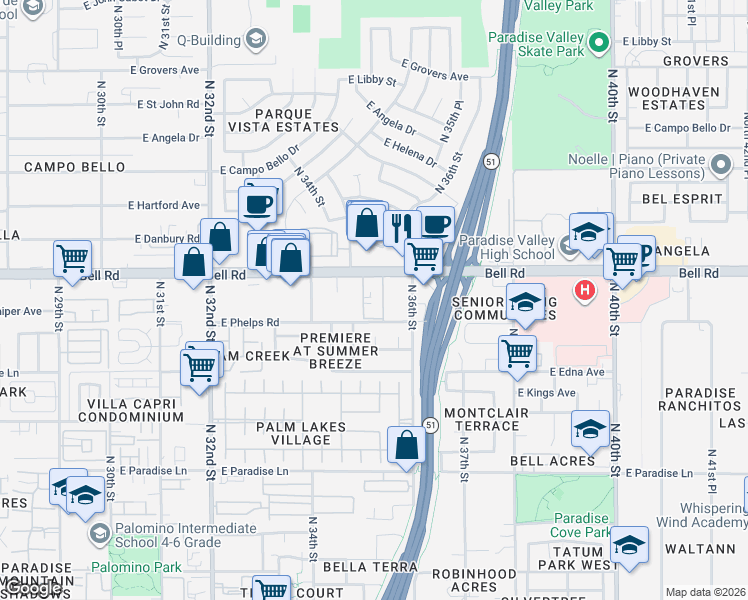 map of restaurants, bars, coffee shops, grocery stores, and more near 3515 East Bell Road in Phoenix