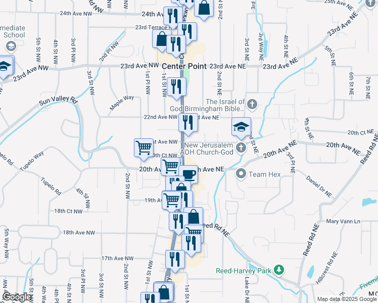 map of restaurants, bars, coffee shops, grocery stores, and more near 2007 Center Point Parkway in Center Point