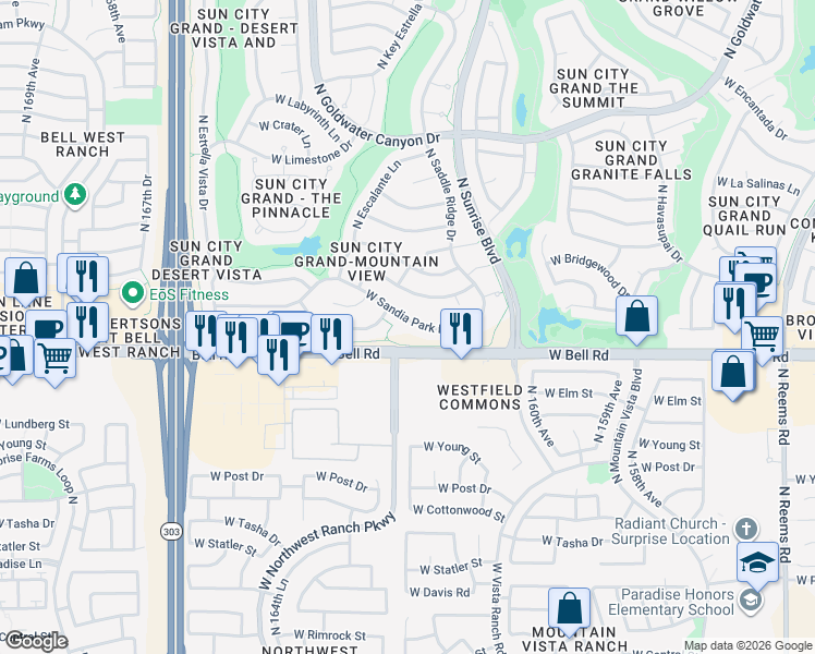 map of restaurants, bars, coffee shops, grocery stores, and more near 16167 West Sandia Park Drive in Surprise