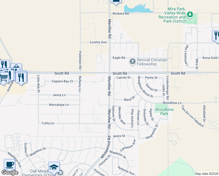 map of restaurants, bars, coffee shops, grocery stores, and more near Jade Street in Menifee