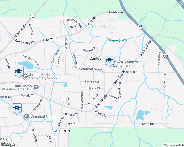 map of restaurants, bars, coffee shops, grocery stores, and more near 4226 Jolly Green Drive in Conley