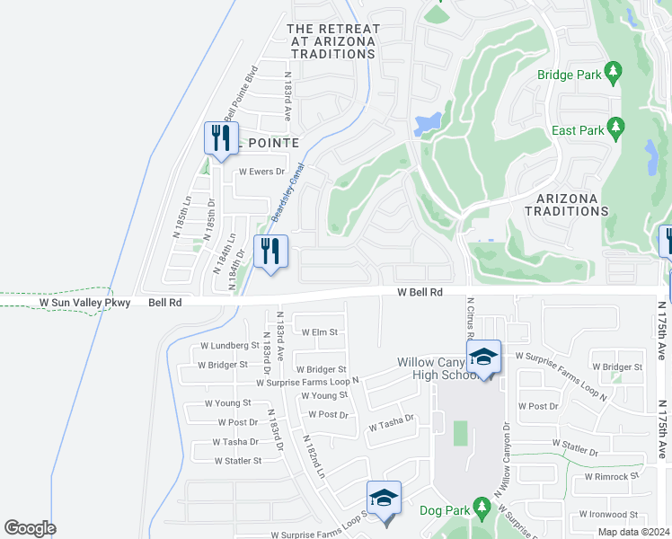 map of restaurants, bars, coffee shops, grocery stores, and more near 18043 West Udall Drive in Surprise