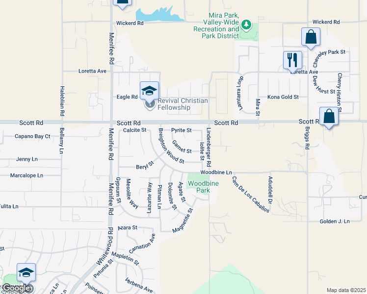 map of restaurants, bars, coffee shops, grocery stores, and more near 29376 Garnet Street in Menifee